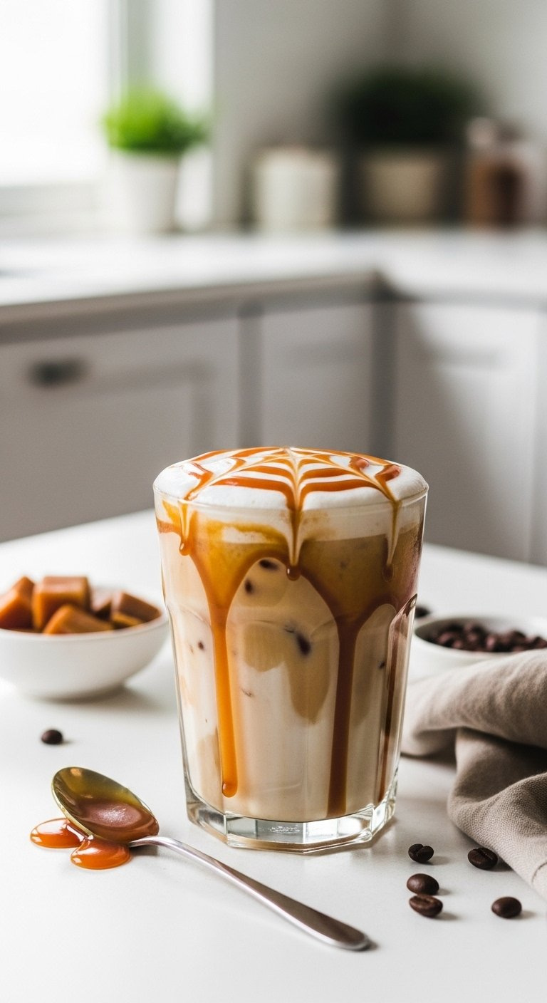 Finished Caramel Iced Coffee With Elegant Golden Caramel Drizzle On Top In A Clear Glass.