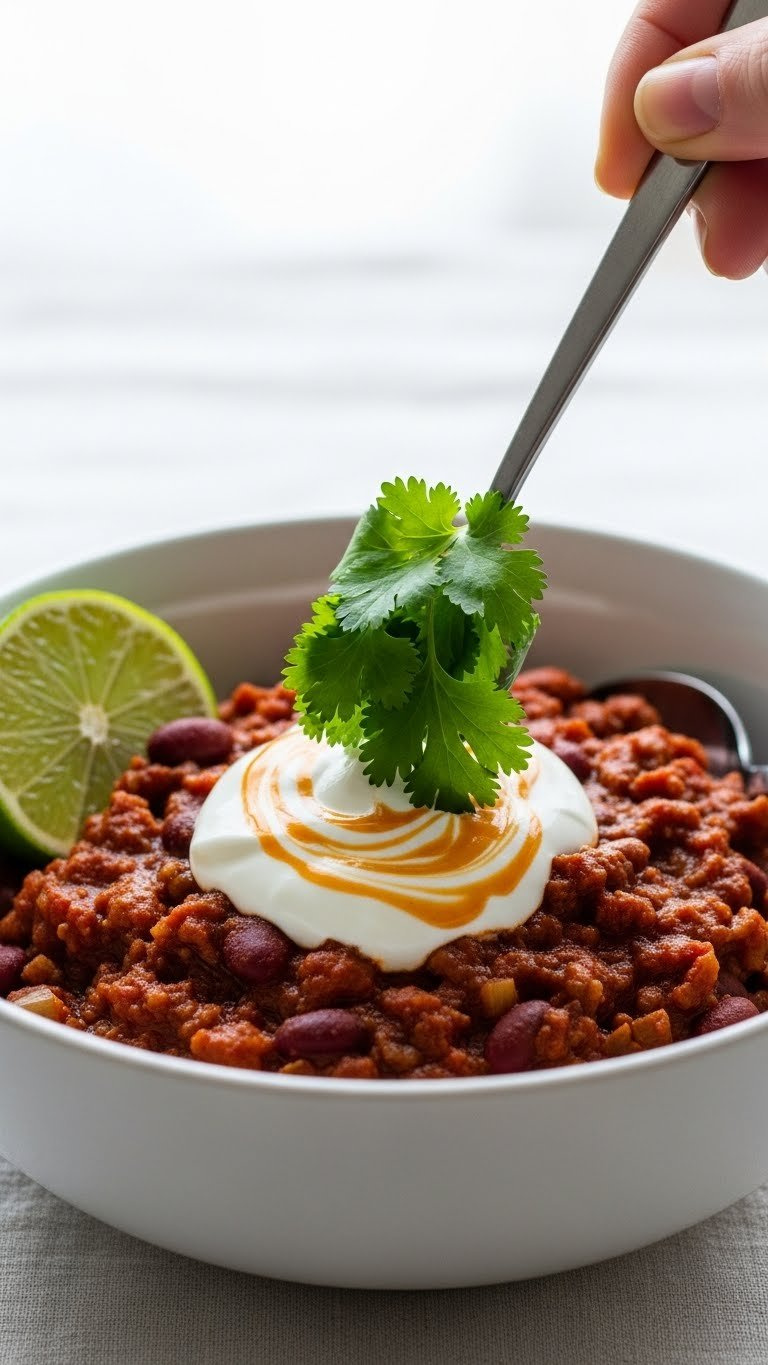 Finished Chili Bowl Garnished With Sour Cream Swirl, Fresh Cilantro, And Lime Wedge On Linen Tablecloth