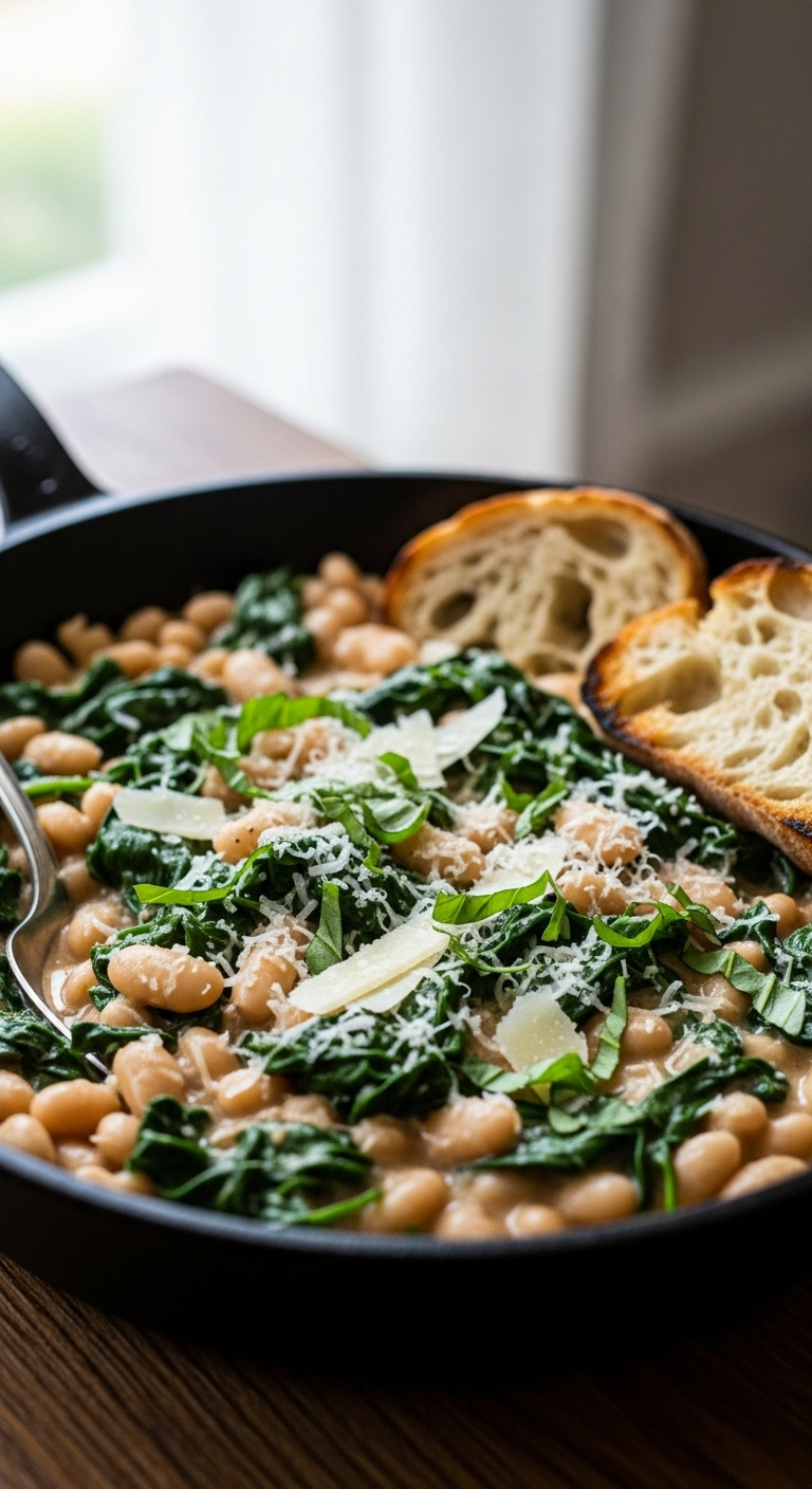 Finished Creamy Tuscan Butter Beans With Spinach Parmesan And Fresh Basil In A Rustic Skillet With Sourdough Bread