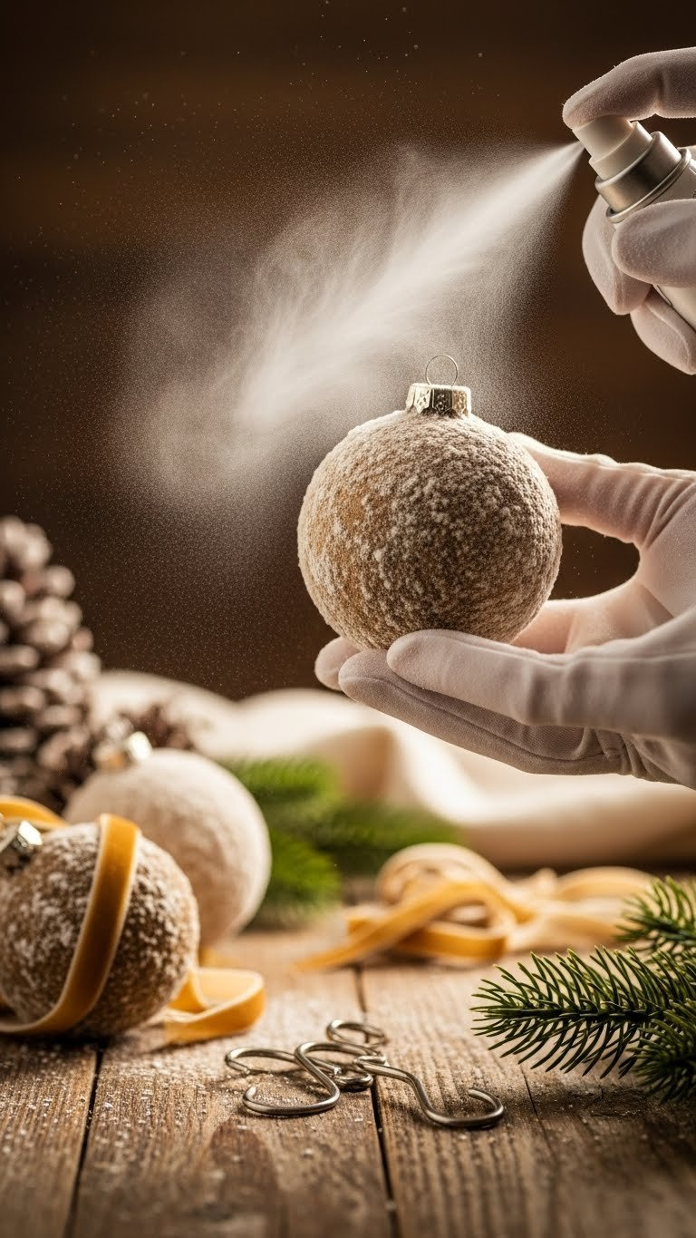 Finished Flocked Ornament Receiving Matte Spray Sealer Mist While Held By Gloved Hands On Rustic Table