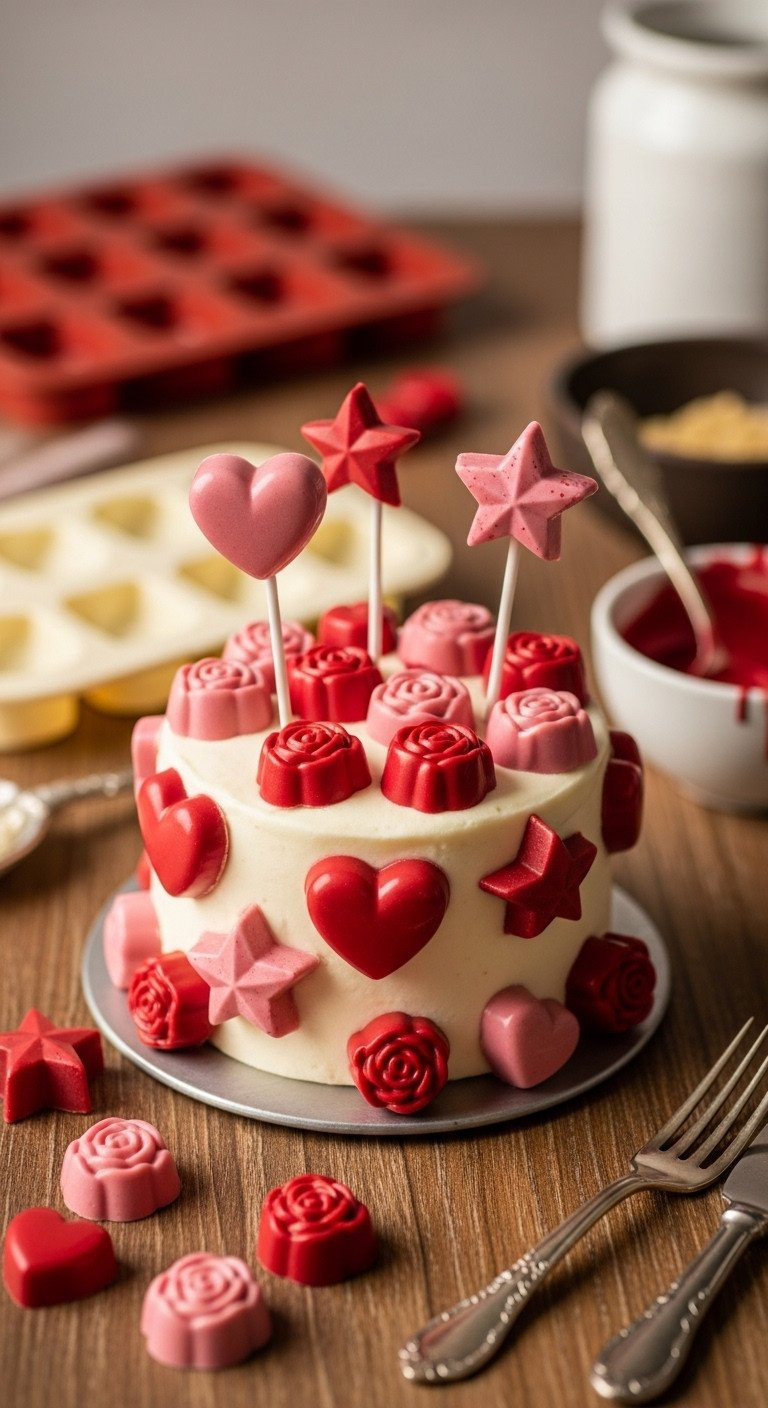 Finished Glossy Red, Pink Chocolate Hearts, Stars, Rose Shapes From Molds, On Rustic Wood With Melting Chocolate.