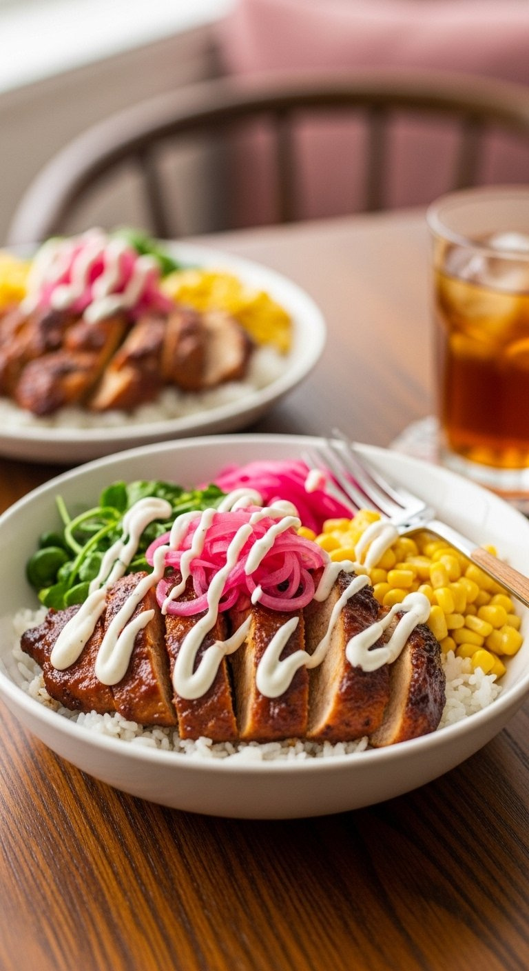 Finished Honey Bbq Chicken Rice Bowl Topped With Ranch Dressing Pickled Onions And Corn.