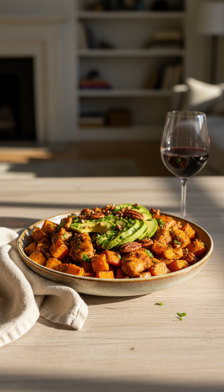 Finished Maple Dijon Chicken And Sweet Potato Bowl Topped With Avocado, Pecans, And Fresh Parsley.