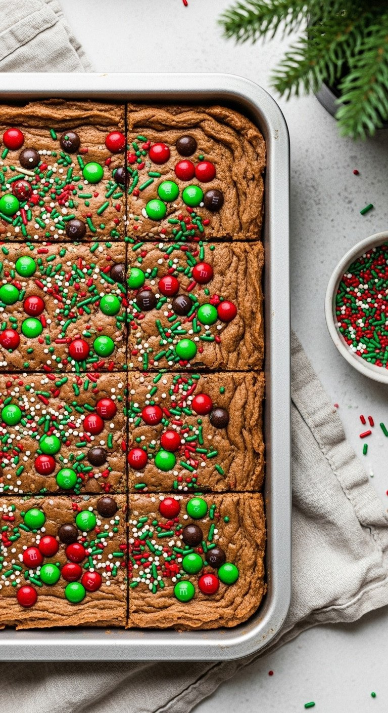 Finished No-Bake Cookie Bars In Pan, Decorated With Festive Red &Amp; Green Sprinkles And M&Amp;M's. Linen Tablecloth, Holiday Context.