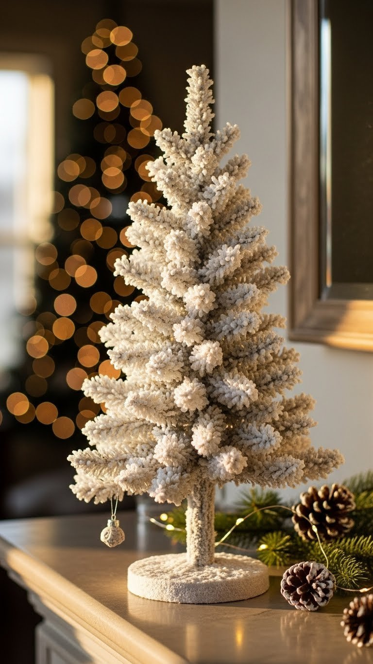 Finished Sparkling Baking Soda Christmas Tree Decorated On Polished Wooden Mantelpiece With Festive Living Room Background