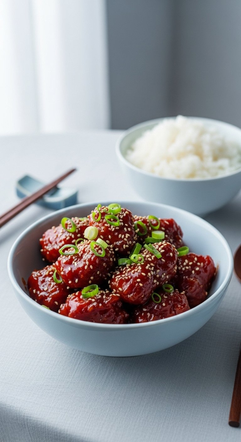 Finished Spicy Gochujang Chicken In A Bowl Garnished With Green Onions And Sesame Seeds Next To Rice.