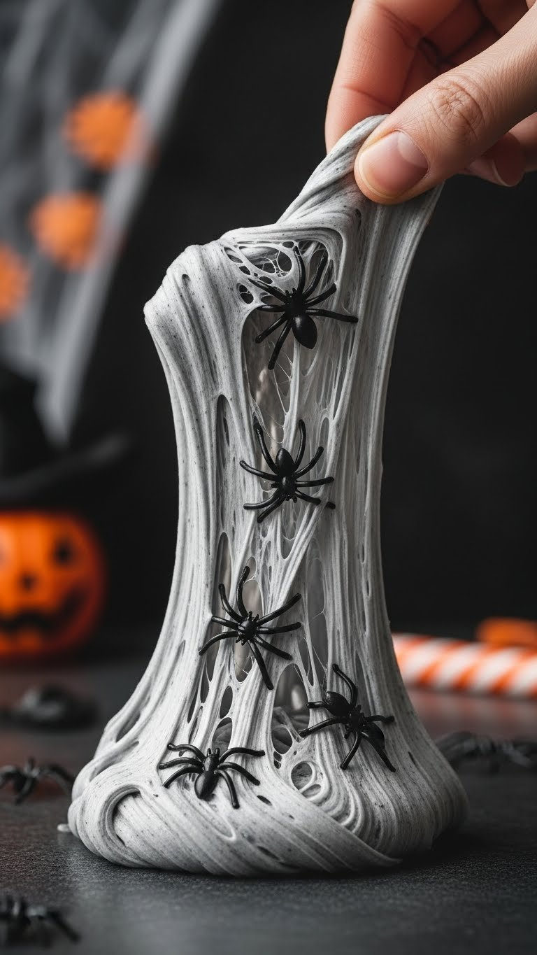 Finished Spider Web Slime With Embedded Plastic Spiders Creating Spooky Halloween Aesthetic