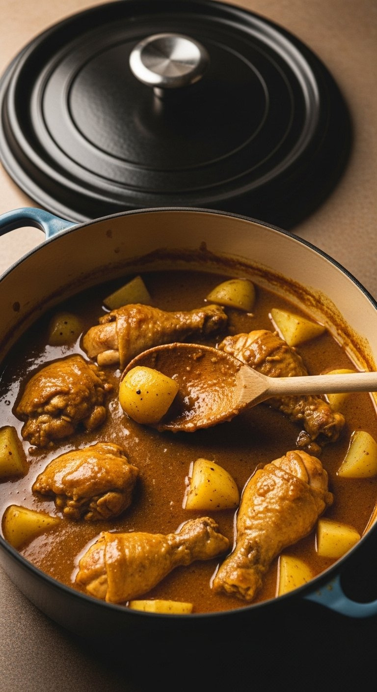 Finished Thick Curry Sauce Clinging To Tender Chicken And Potatoes In A Dutch Oven With A Wooden Spoon.