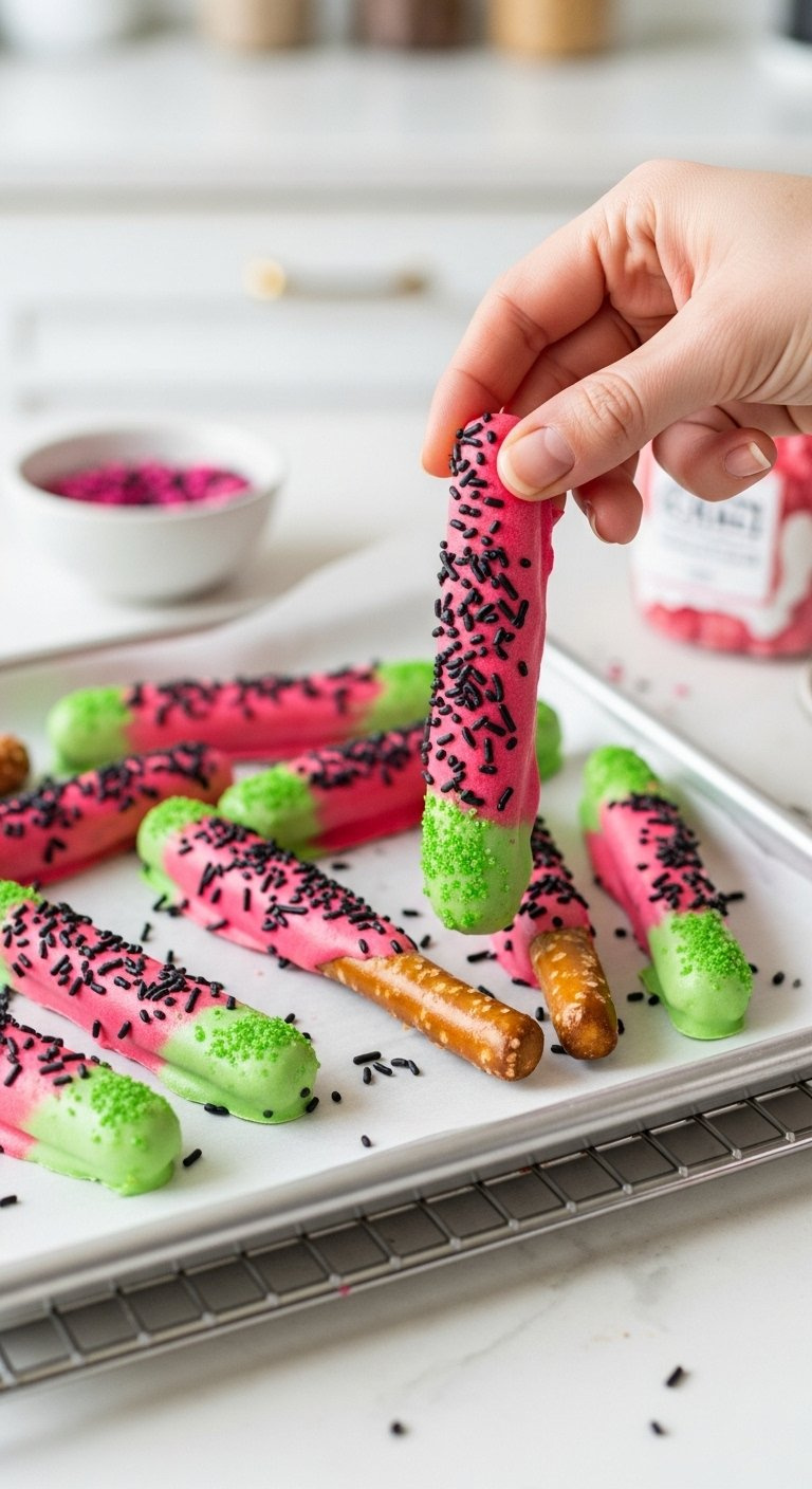 Finished Watermelon Chocolate Covered Pretzel Rods With Black Seeds On A Cooling Rack.