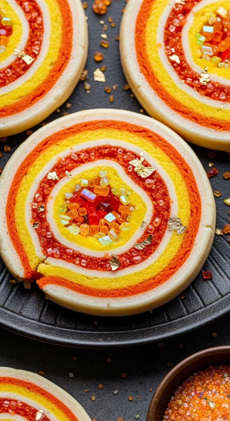 Fire Opal Orange And Gold Geode Spiral Cookie With Iridescent Sugar Crystals On Dark Plate.