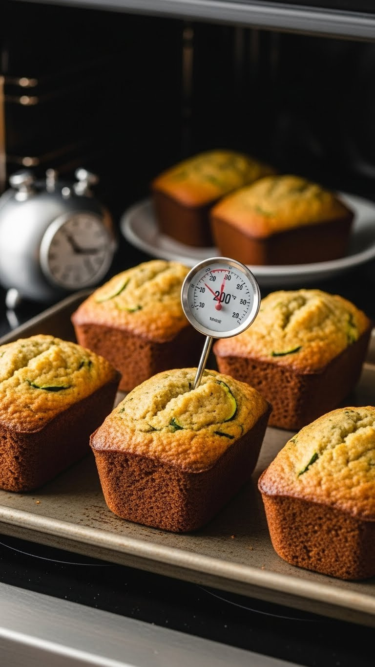 Five Golden-Brown Zucchini Bread Mini Loaves Baking In Pan With Thermometer Showing Perfect Doneness