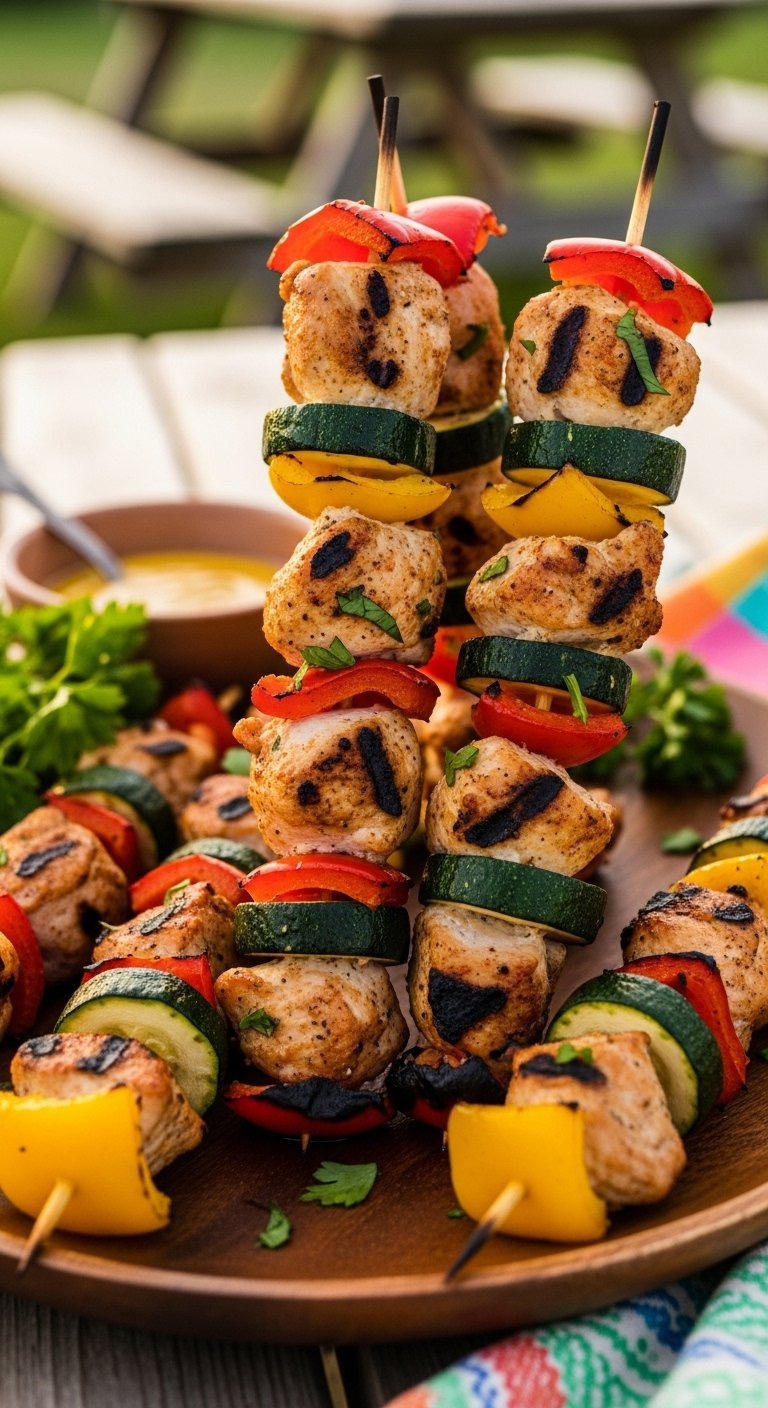 Five Grilled Mini Chicken Skewers With Bell Peppers And Zucchini On A Rustic Wooden Platter.