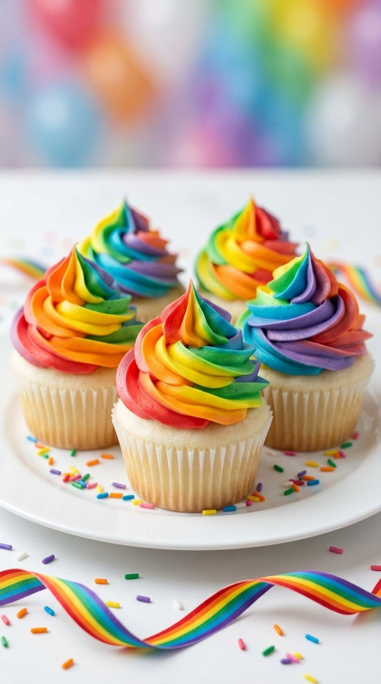 Five White Cupcakes With Vibrant Rainbow Buttercream Swirls In Red, Orange, Yellow, Green, Blue, And Purple
