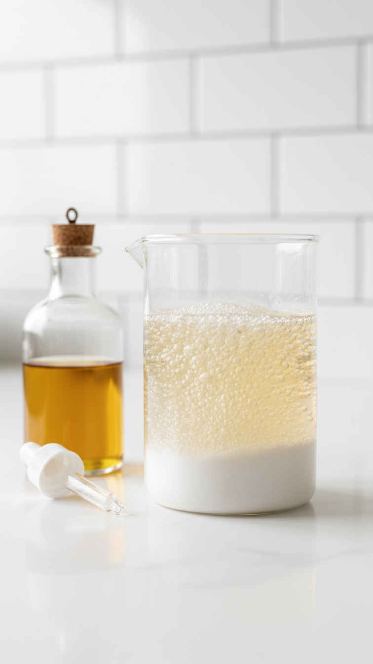 Fizzing Baking Soda Apple Cider Vinegar Reaction In Clear Chemistry Beaker On White Countertop