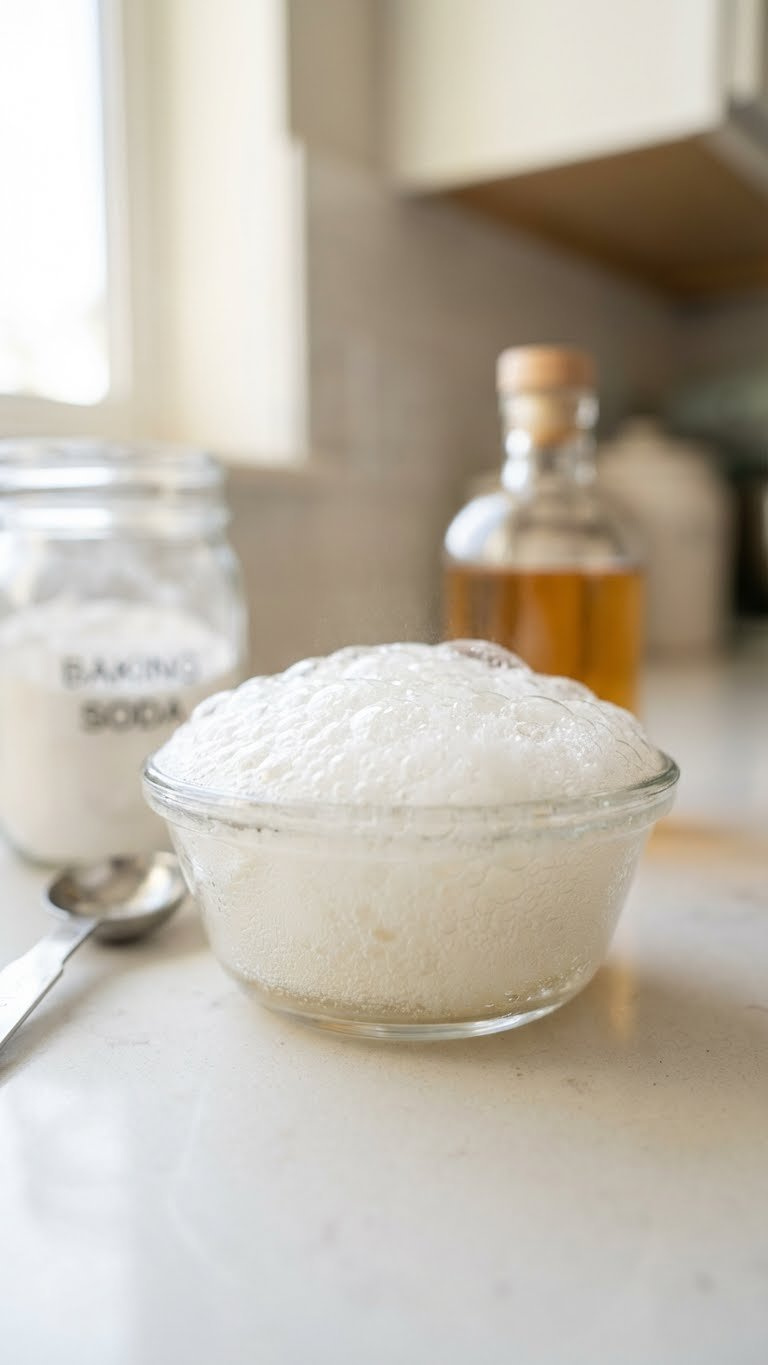 Fizzy Foaming Baking Soda And Apple Cider Vinegar Reaction In A Glass Dish On A Clean Counter With Measuring Spoons.
