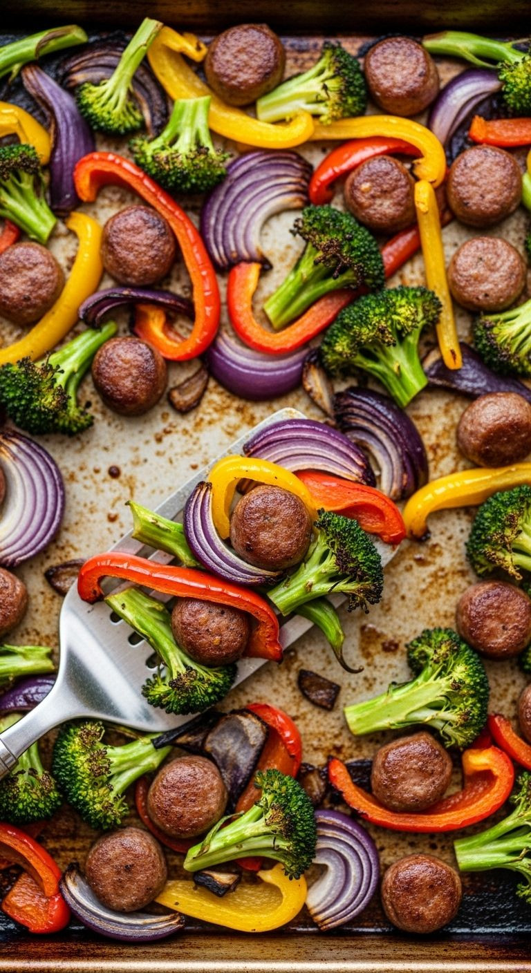 Sheet Pan Sausage And Veggie Roast With Red And Yellow Peppers, Broccoli, Purple Onion, And Caramelized Sausage.