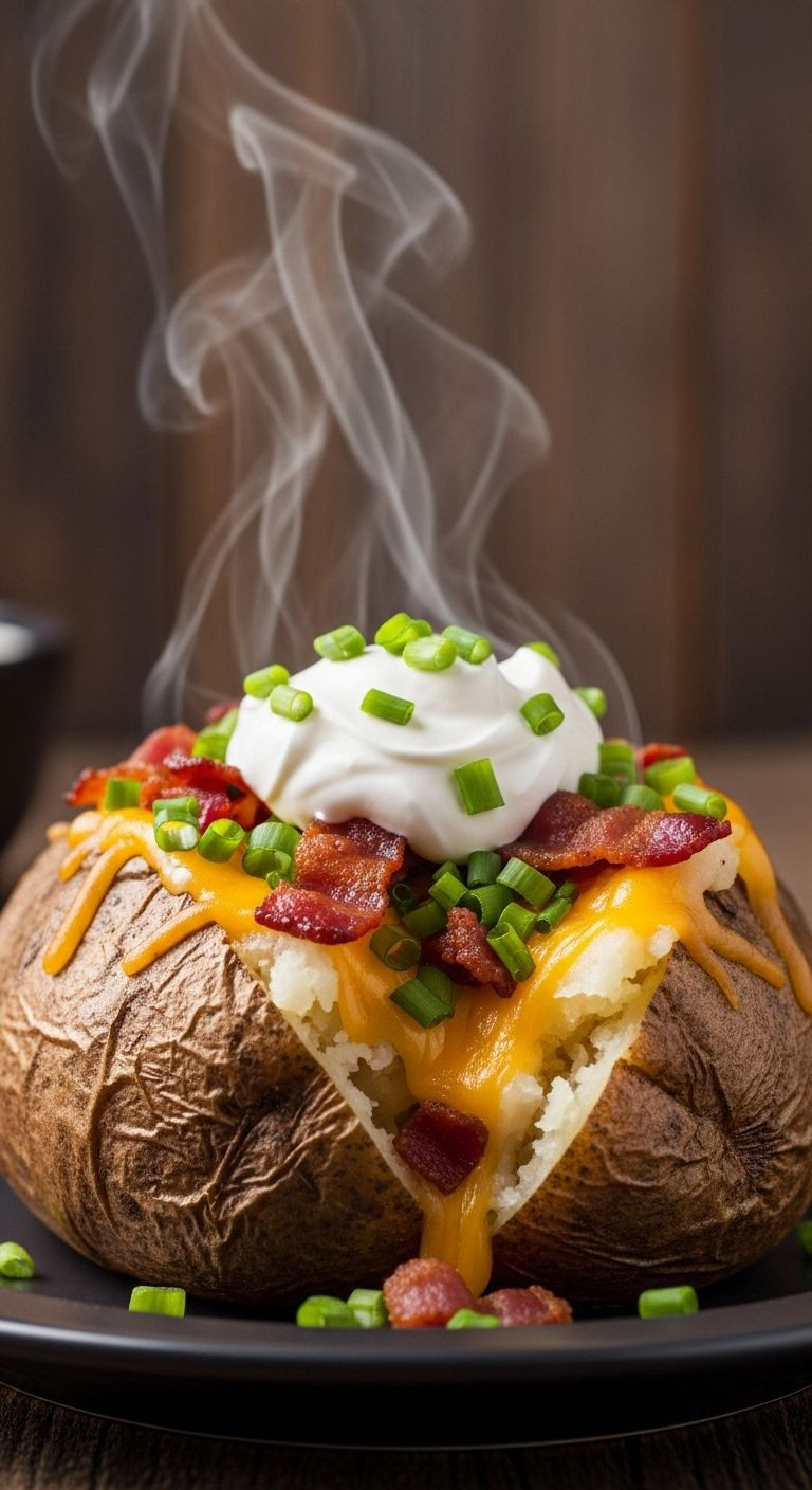 Loaded Baked Potato With Sour Cream, Melted Cheddar, Crispy Bacon Bits, And Chives, With Steam Rising From The Fluffy Interior.