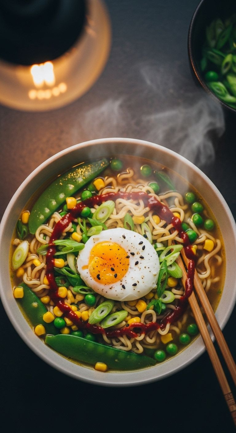 Upgraded Ramen Bowl With Poached Egg, Corn, Peas, Sriracha Drizzle, And Steam Rising From The Golden Broth.