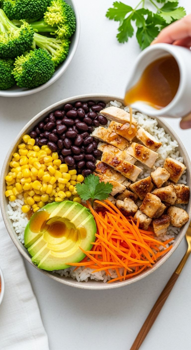 Build-Your-Own Rice Bowl With Grilled Chicken, Black Beans, Corn, Avocado, Shredded Carrots, And A Drizzle Of Sauce.