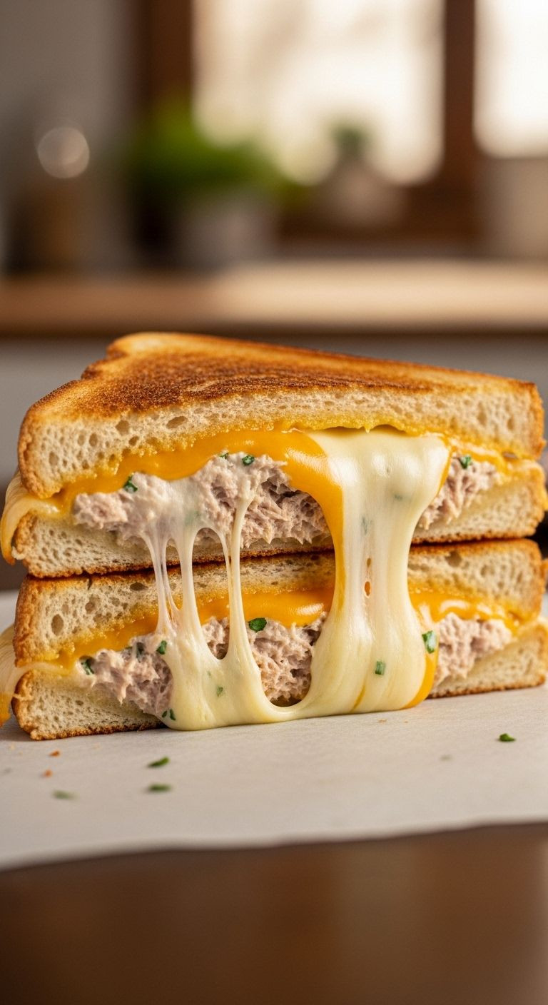 Ultimate Tuna Melt Panini With Gooey Cheese Pull, Toasted Bread, And Creamy Tuna Salad.