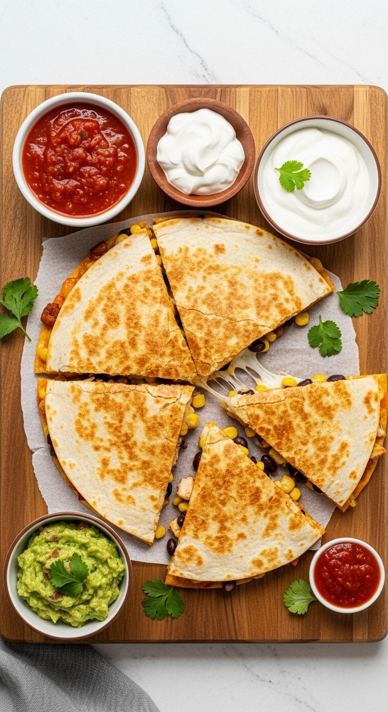 Golden-Brown Quesadilla With Cheese Pull, Black Beans, Corn, Chicken, Salsa, Guacamole, And Sour Cream On A Wooden Cutting Board.
