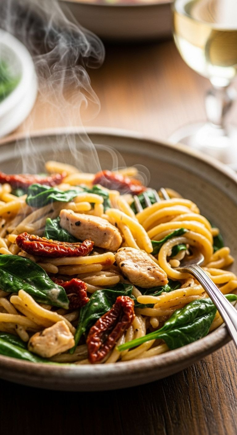 Creamy Tuscan Chicken Pasta With Sun-Dried Tomatoes, Spinach, And Golden Hour Lighting In A Rustic Bowl.
