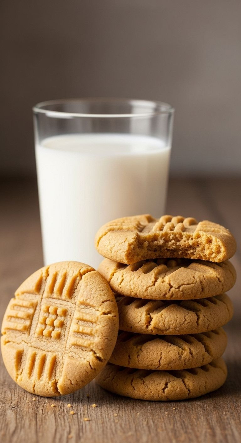 Stack Of 3-Ingredient Peanut Butter Cookies With A Bite Taken Out, Next To A Glass Of Milk On A Rustic Wooden Surface.