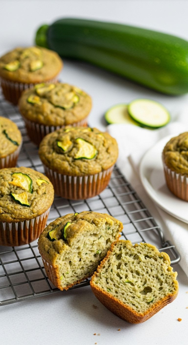 Zucchini Muffins On A Wire Cooling Rack, With One Split In Half To Show The Moist Interior And Green Zucchini Flecks.