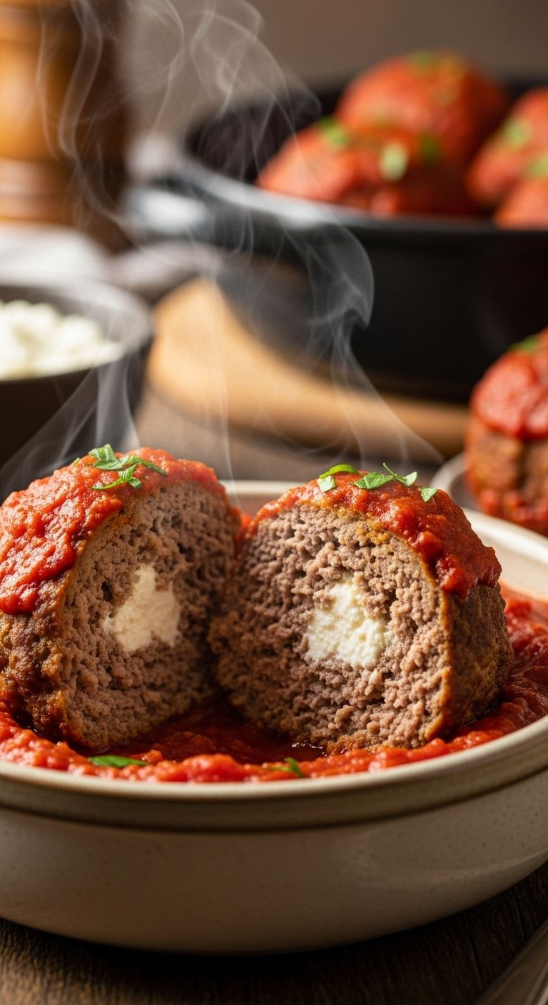 Giant Meatball With Ricotta Interior, Served With Marinara Sauce In A Rustic Ceramic Bowl.