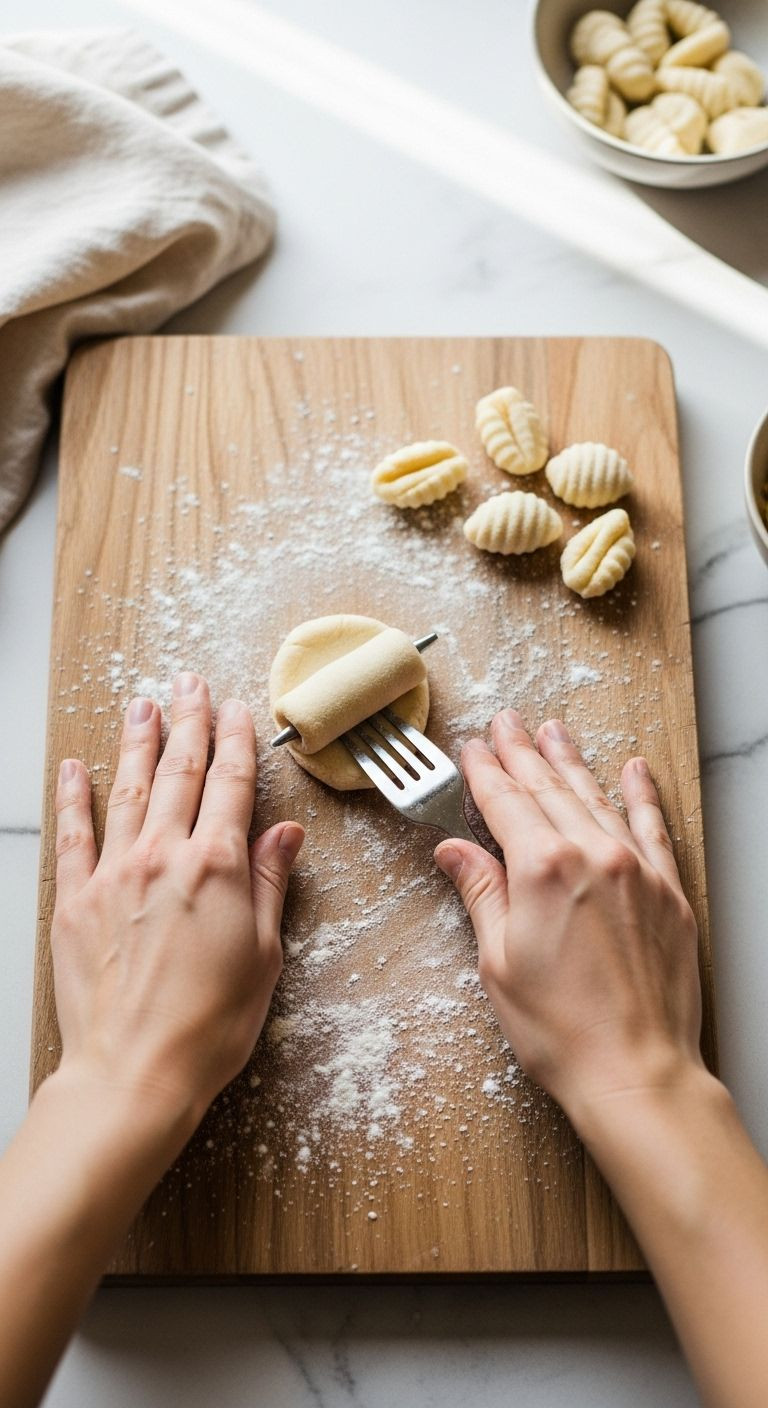 Hands Rolling Gnocchi Dough On A Floured Wooden Cutting Board With Perfectly Formed Gnocchi Nearby.