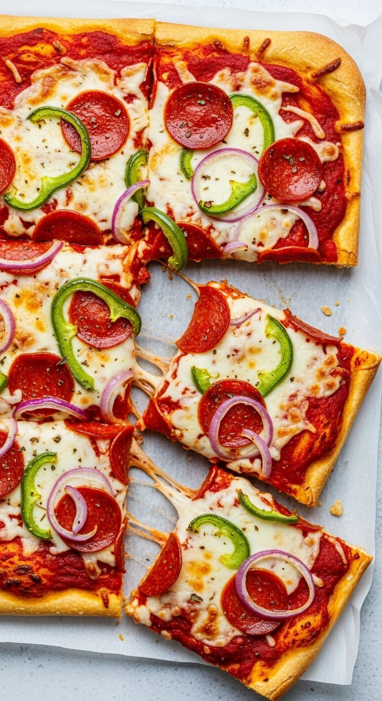 Sheet-Pan Pizza With Red Sauce, White Cheese, Green Peppers, And Red Pepperoni, With A Piece Pulled Away From The Others.
