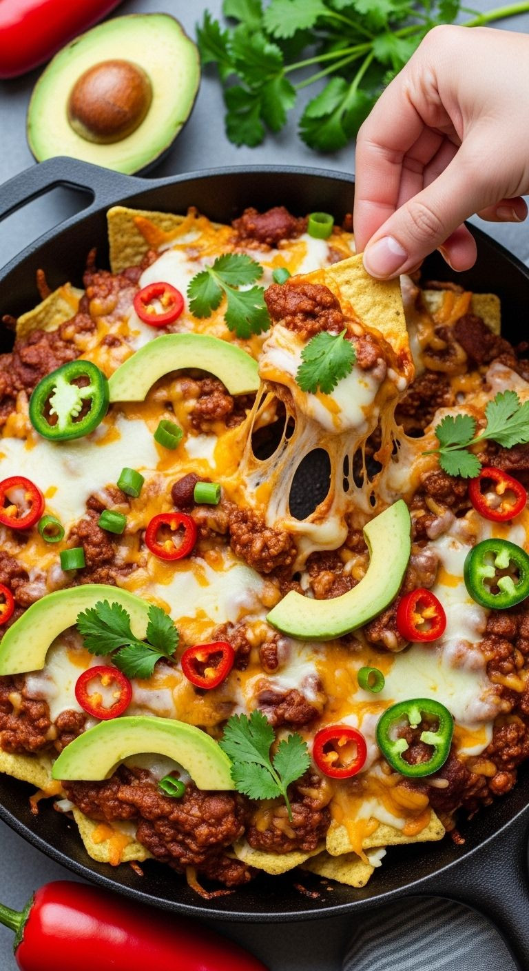 Loaded Chili Cheese Nachos With Melted Cheese, Cilantro, Avocado, Jalapeños, And A Cheese Pull From A Black Cast-Iron Skillet.