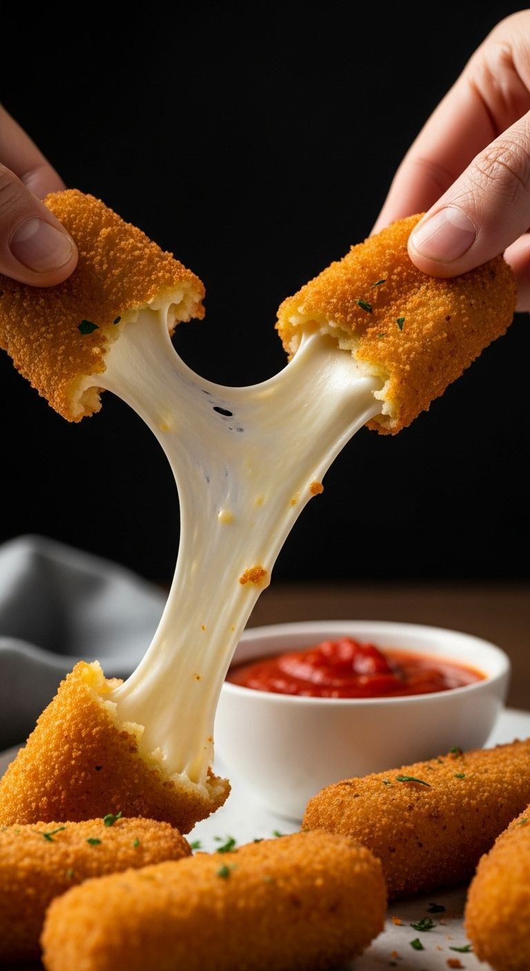 Golden-Fried Mozzarella Sticks With A Dramatic Cheese Pull And A Bowl Of Marinara Sauce In The Background.