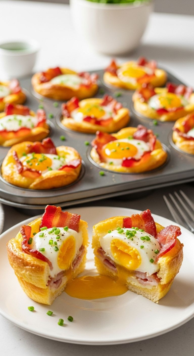 Bacon, Egg, And Toast Cups With Layers Of Bacon, Cheese, And Egg, Served On A Small Plate Beside A Muffin Tin.