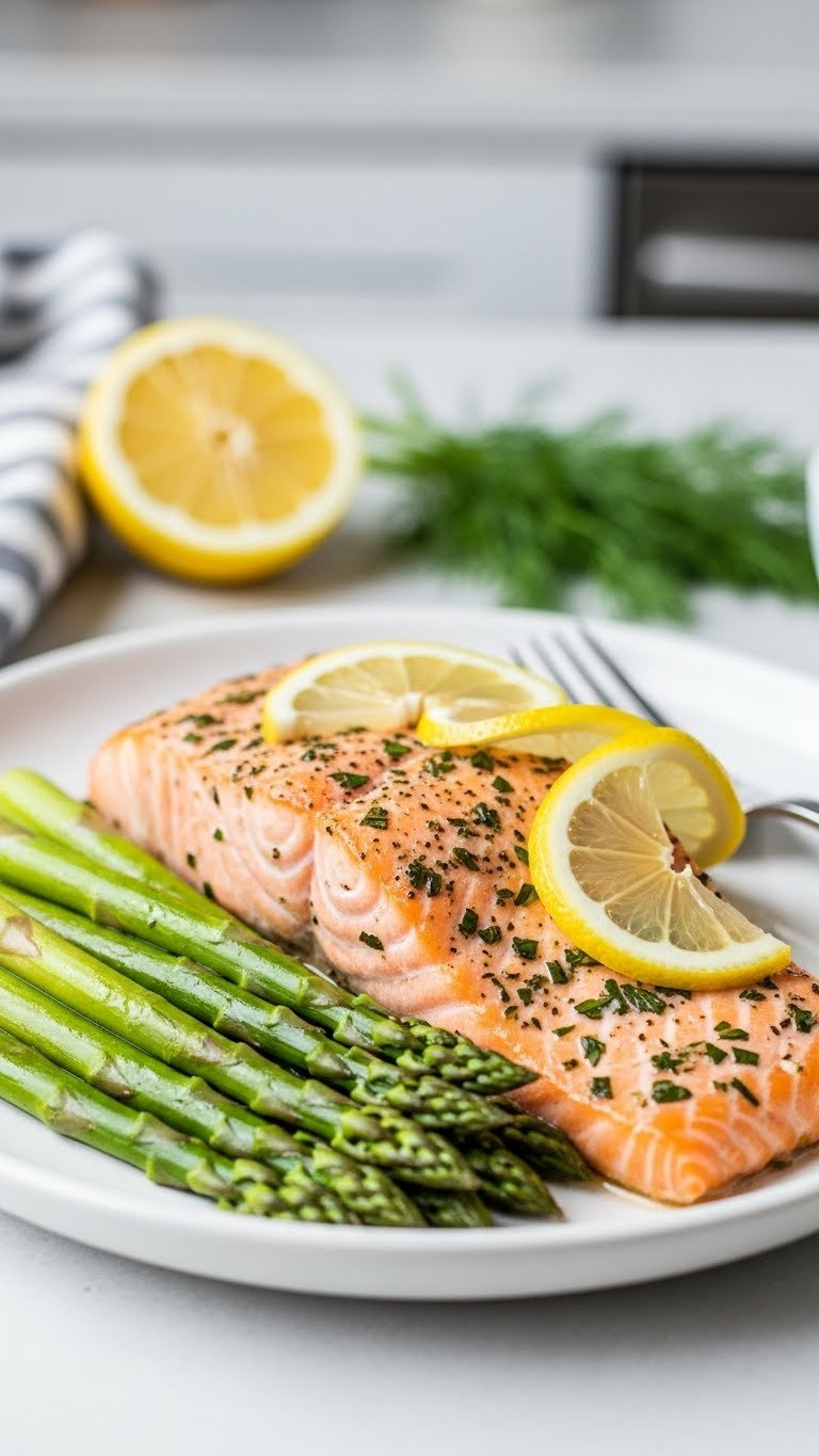 Flaky 21 Day Fix Instant Pot Lemon Herb Salmon With Crisp Asparagus And Fresh Lemon Slices On A White Plate.