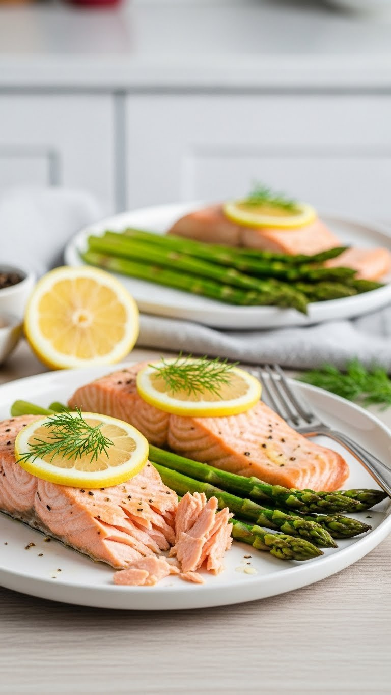 Flaky Instant Pot Salmon With Crisp Asparagus And A Lemon Drizzle, Garnished With Fresh Dill On A Modern White Plate.