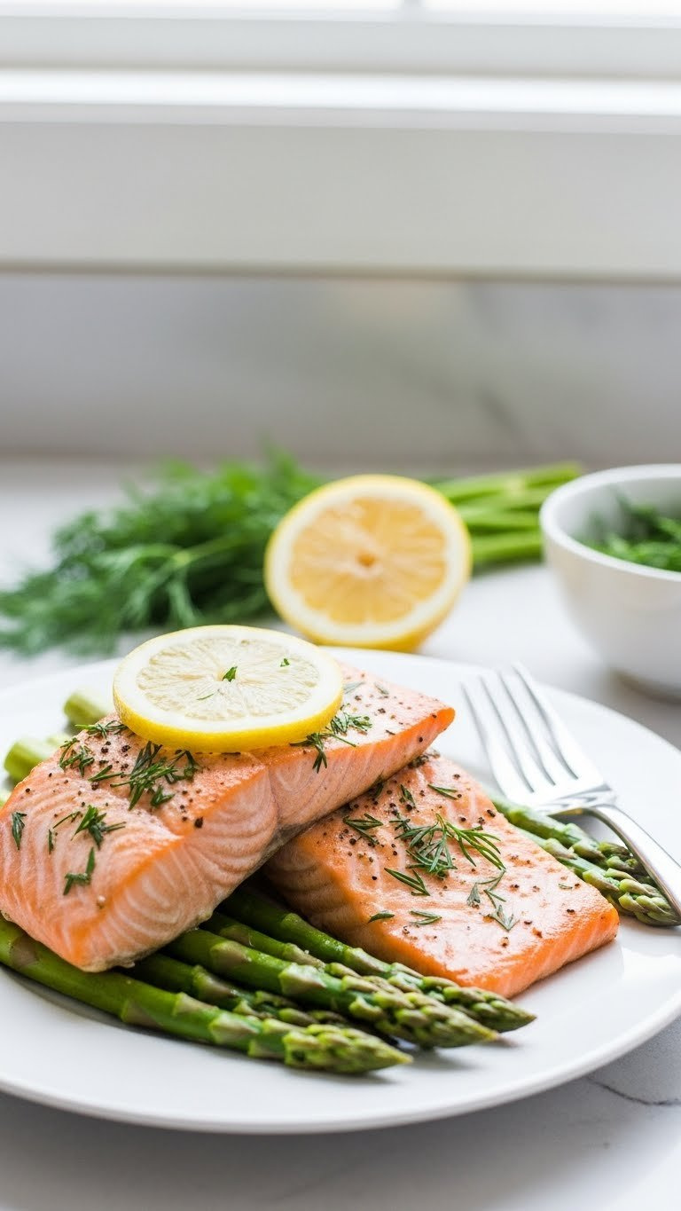 Flaky Instant Pot Salmon And Vibrant Asparagus Spears Seasoned With Fresh Dill And Lemon, Perfectly Plated For A Healthy Dinner.