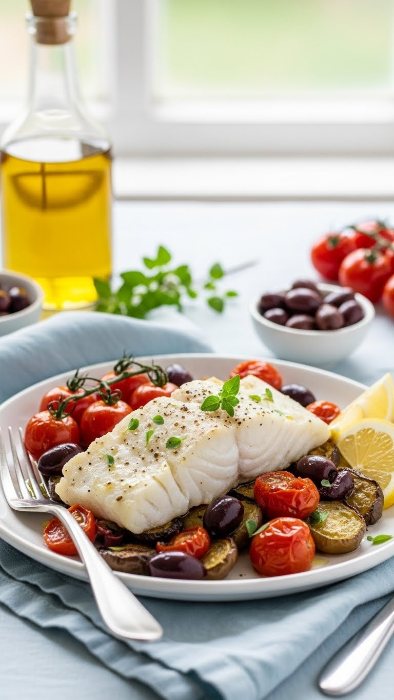 Flaky Mediterranean Baked Cod With Cherry Tomatoes, Kalamata Olives, And Fresh Herbs Drizzled With Olive Oil