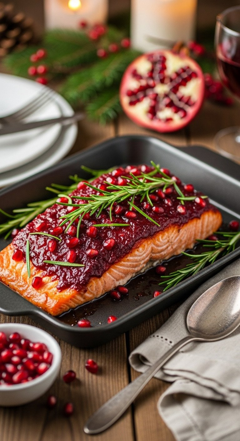 Flaky Pomegranate And Balsamic Glazed Salmon With Rosemary And Sparkling Pomegranate Seeds On A Rustic Table.