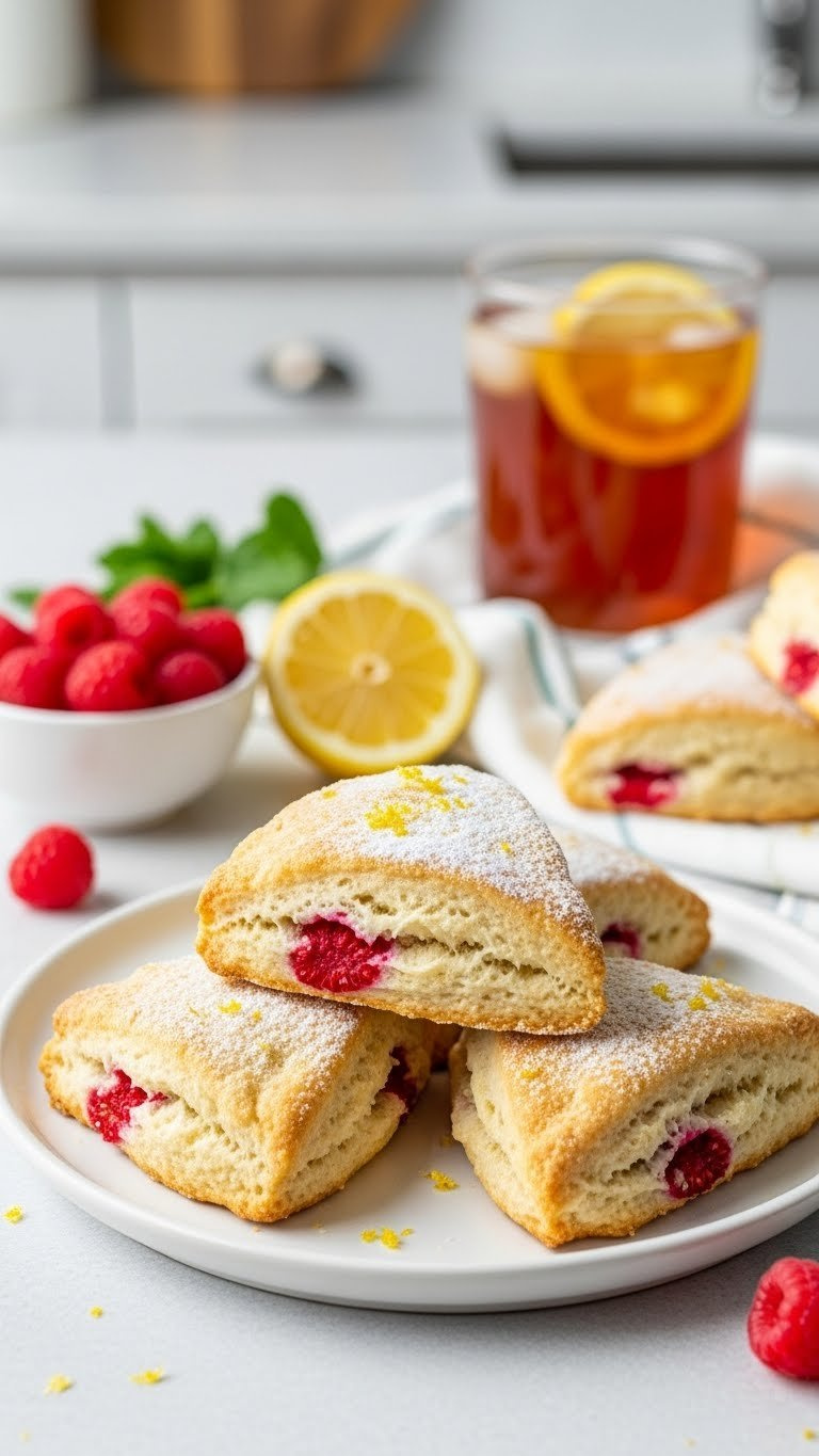 Flaky Almond Flour Lemon Raspberry Scones Dusted With Powdered Sweetener On White Ceramic Plate With Tea.