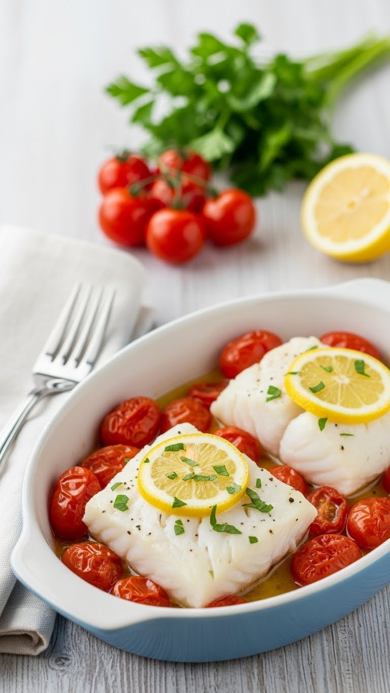Flaky Baked Cod Fillets With Burst Cherry Tomatoes In Lemon Herb Sauce On White Plate