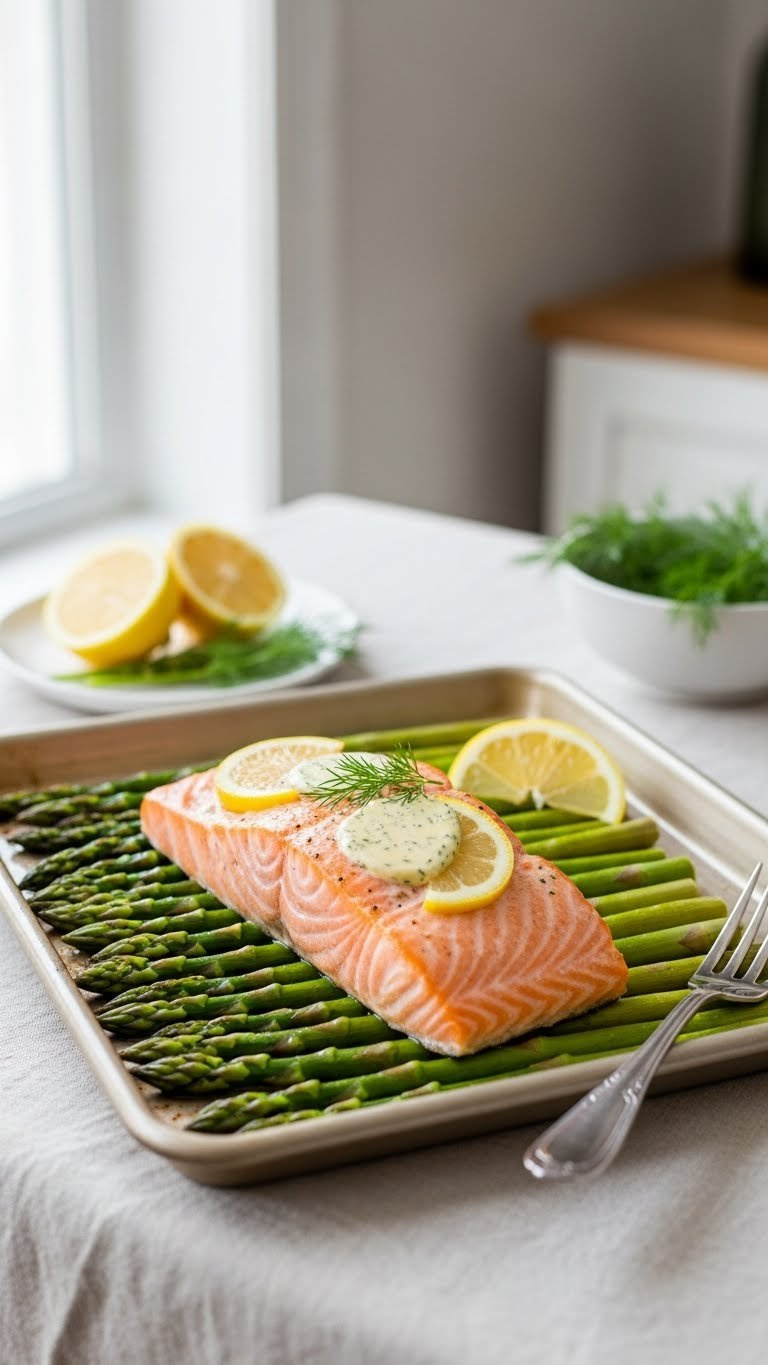 Flaky Baked Keto Salmon Fillet With Asparagus Spears And Lemon-Dill Butter On Ceramic Plate