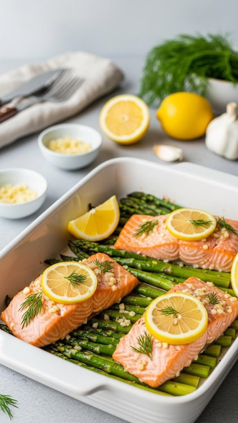 Flaky Baked Lemon-Garlic Salmon Fillets With Vibrant Asparagus Spears Garnished With Fresh Dill In A White Ceramic Baking Dish