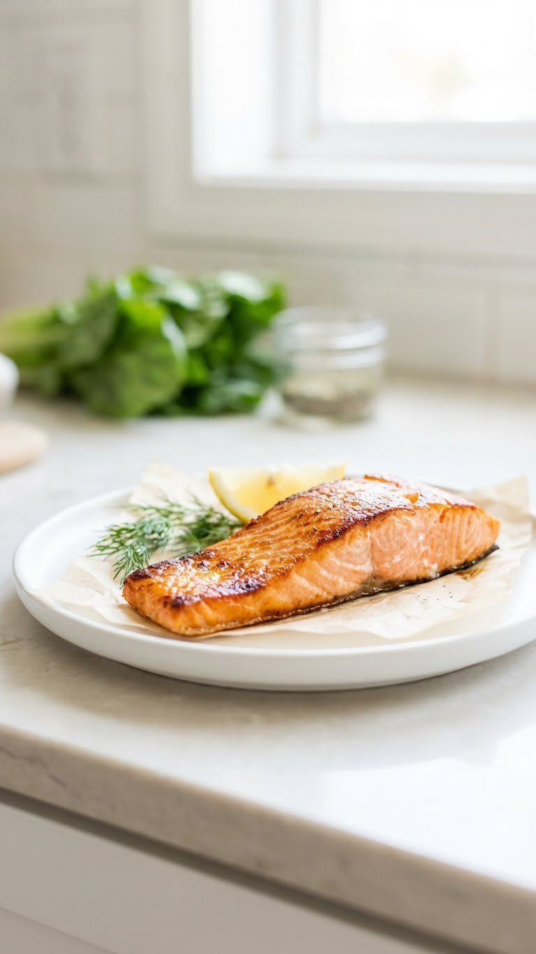 Flaky, Crispy Instant Pot Air Fryer Salmon Fillet With Lemon And Fresh Dill On A White Plate, Bathed In Bright, Airy Daylight.