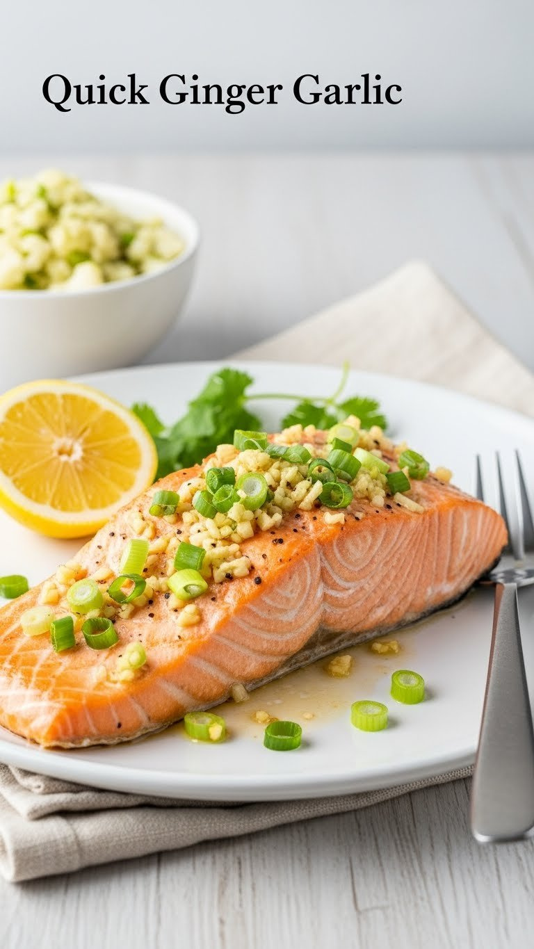 Flaky Ginger Garlic Salmon Topped With Green Onions And Herbs On A White Ceramic Plate, Served With Lemon And Cauliflower Rice.