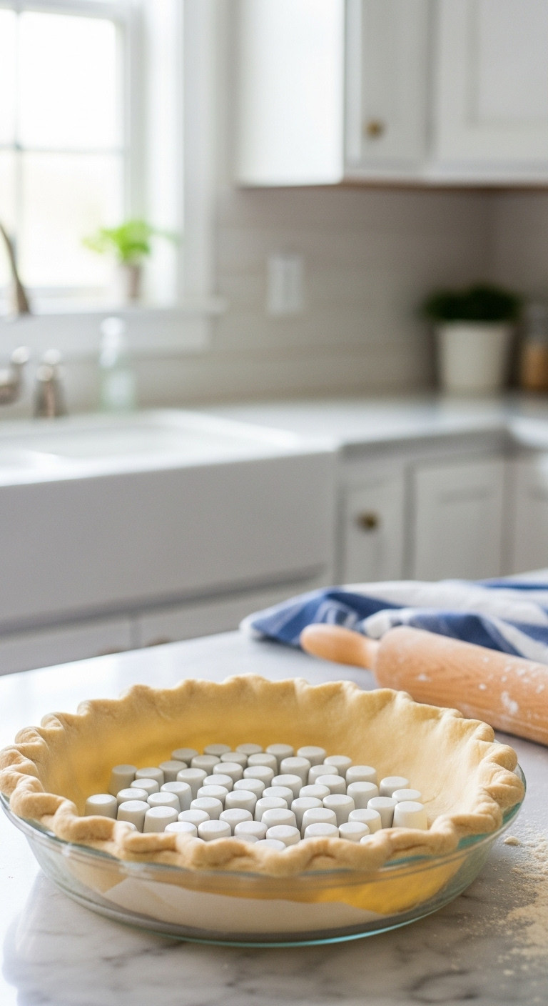 Flaky Golden-Brown Pie Crust Blind-Baking In A Glass Dish With Ceramic Weights, Parchment Paper On A Marble Counter.