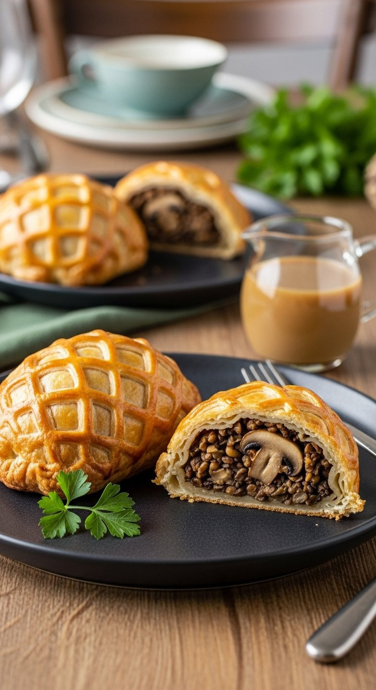 Flaky Golden Mushroom Wellingtons, One Sliced To Show Savory Mushroom-Lentil Filling, With Parsley And Gravy.