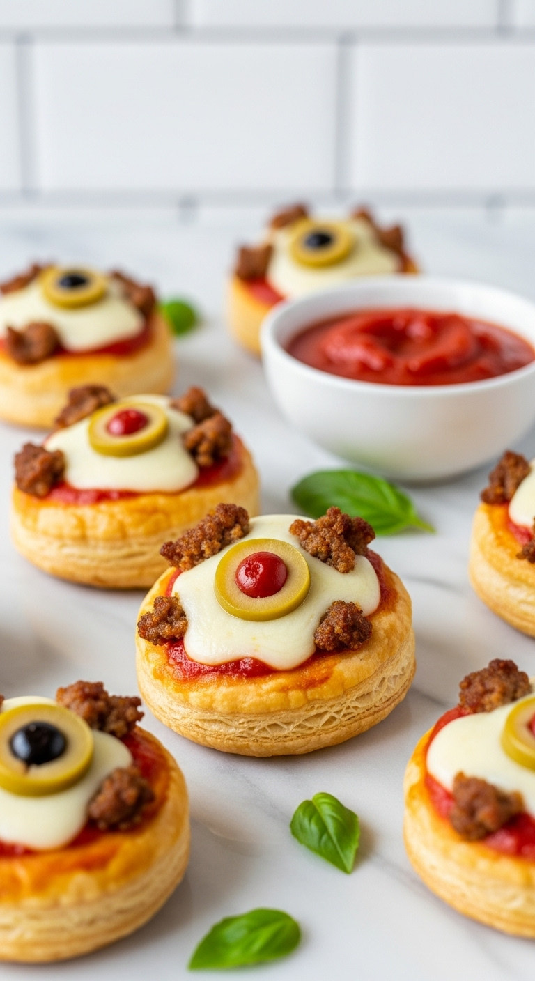 Flaky Puff Pastry 'Eyeball' Pizzas: Mozzarella, Green Olive, Pimento, Sausage, On Marble. Bright Halloween Appetizer.