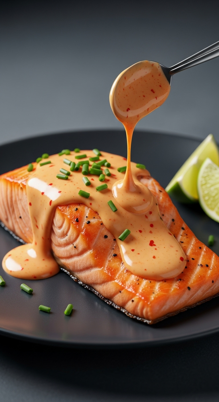 Flaky Salmon Fillet Drizzled With Creamy Orange-Pink Bang Bang Sauce, Chives, And A Lime Wedge On A Dark Plate
