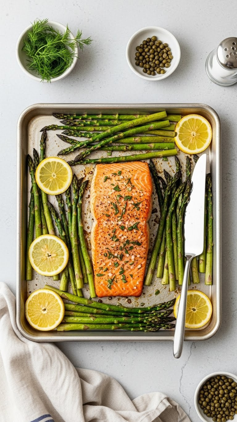 Flaky Sheet Pan Salmon Fillets With Charred Asparagus And Lemon Slices On Stainless Steel Baking Sheet